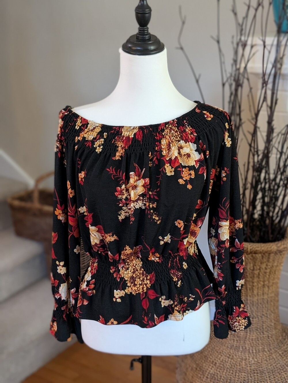 Boho‎ Cottagecore Peasant Floral Off Shoulder Smocked Long Sleeve Blouse SIZE Lg